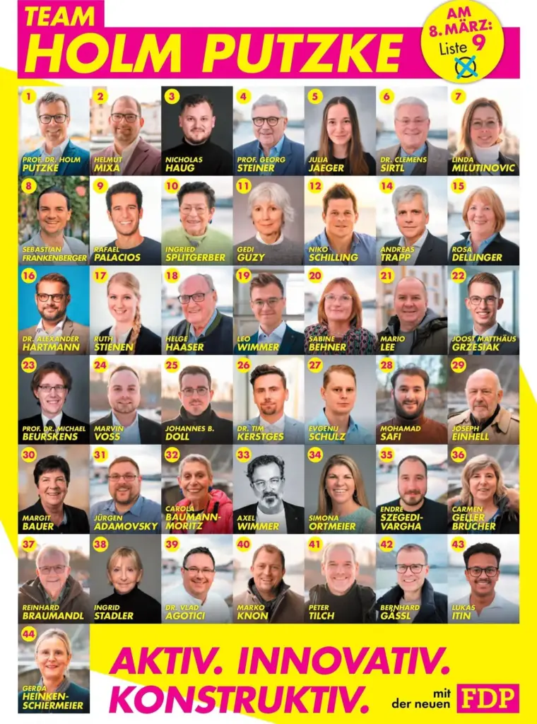 Wahlplakat Team Holm Putzke, FDP Liste 9, mit Porträts aller 44 Kandidatinnen und Kandidaten zur Kommunalwahl am 8. März