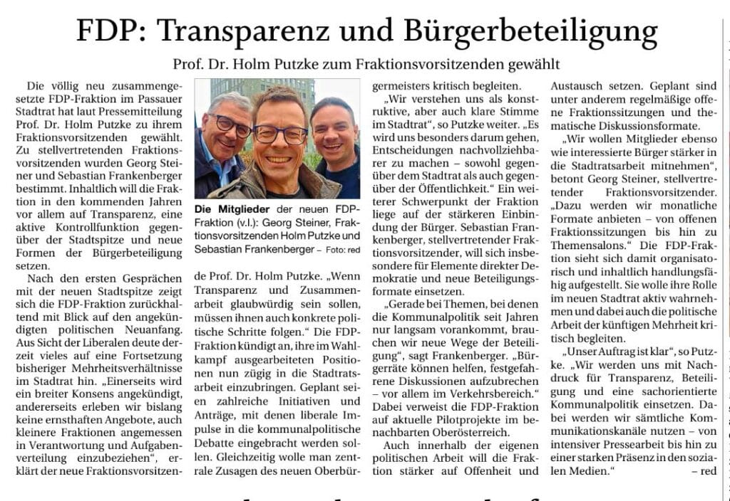 Zeitungsartikel: FDP-Fraktion Passau wählt Prof. Dr. Holm Putzke zum Fraktionsvorsitzenden; mit Foto der drei Mitglieder