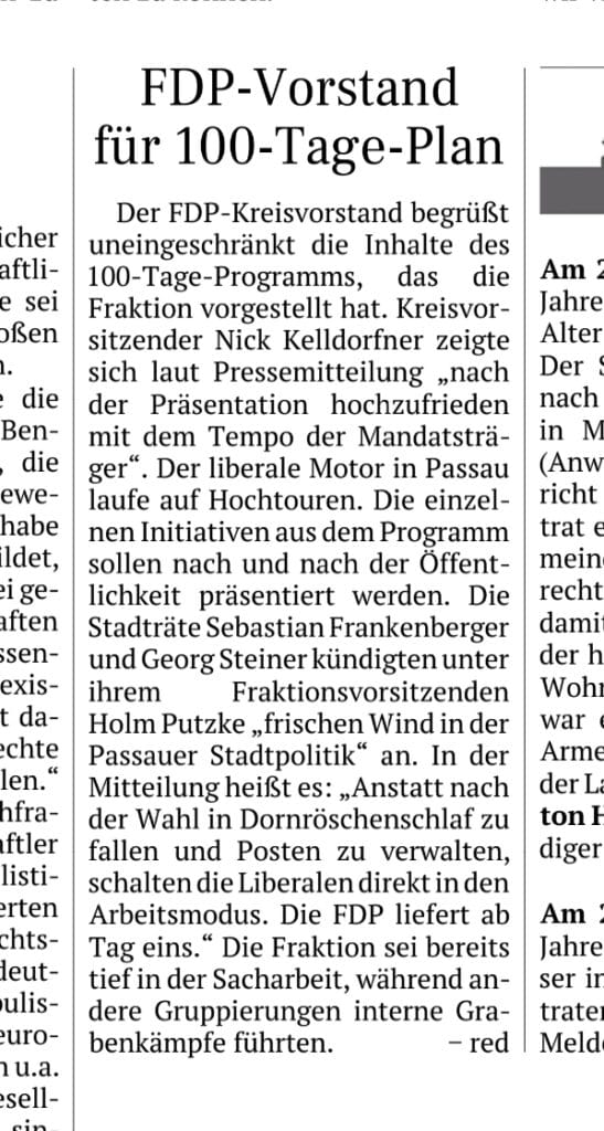 Zeitungsartikel mit Überschrift „FDP-Vorstand für 100-Tage-Plan" – FDP-Kreisvorstand begrüßt das 100-Tage-Programm der Fraktion
