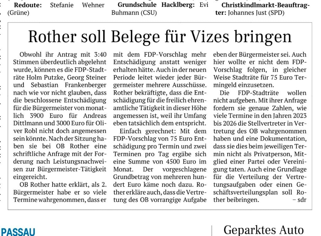 Zeitungsartikel mit Überschrift „Rother soll Belege für Vizes bringen" über FDP-Anfrage zur Bürgermeister-Entschädigung in Passau