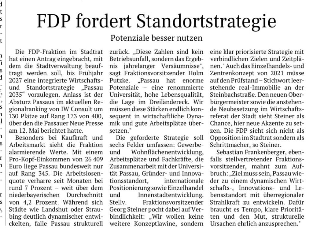 Zeitungsartikel: FDP fordert Standortstrategie – Potenziale besser nutzen