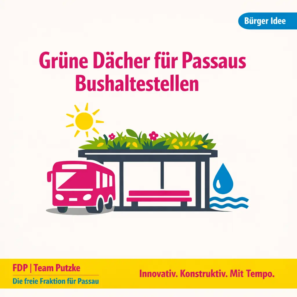 Grafik zur Bürger-Idee „Grüne Dächer für Passaus Bushaltestellen" mit begrüntem Wartehäuschen, Bus, Sonne und Wassertropfen