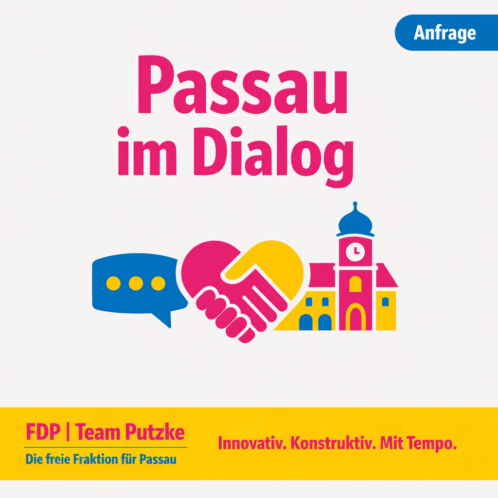 Grafik „Passau im Dialog" – Anfrage der FDP-Stadtratsfraktion Team Putzke mit Icons für Dialog, Handschlag und Stadtsilhouette
