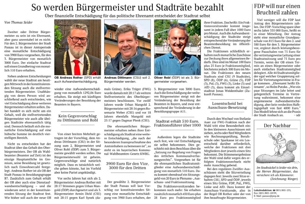 Zeitungsartikel „So werden Bürgermeister und Stadträte bezahlt" mit Fotos von Andreas Rother, Andreas Dittmann und Oliver Robl