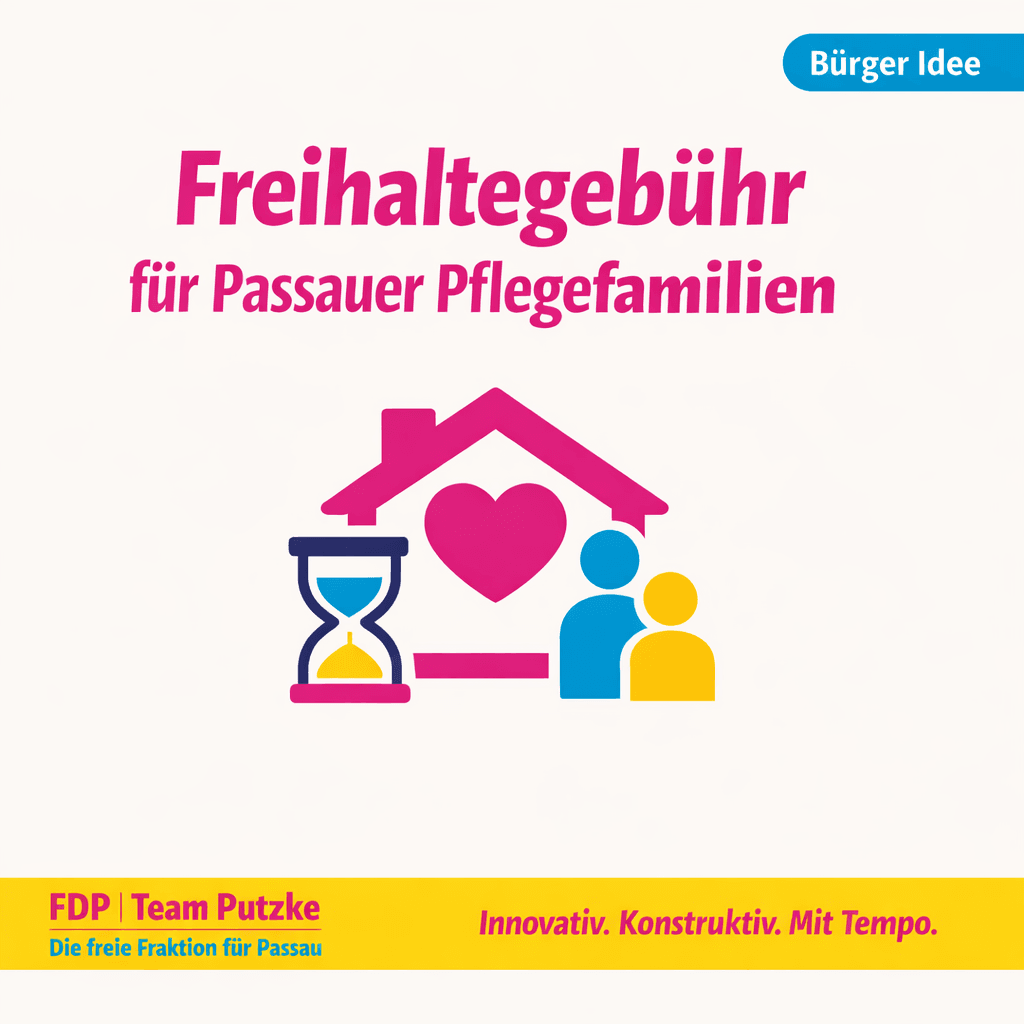 Bürger-Idee der FDP Team Putzke: Freihaltegebühr für Passauer Pflegefamilien – Icon mit Haus, Herz, Sanduhr und zwei Personen