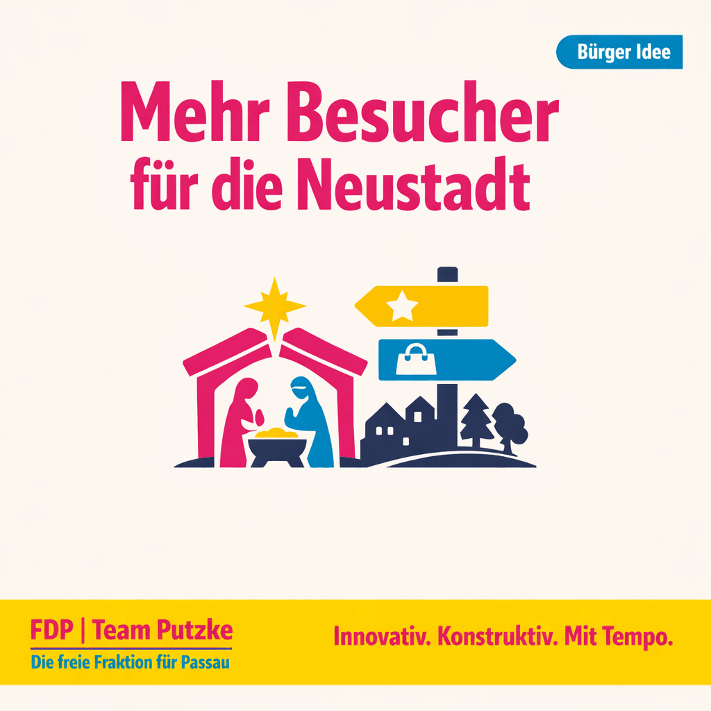 Bürger-Idee der FDP Team Putzke: Mehr Besucher für die Neustadt – Illustration mit Krippe und Wegweisern