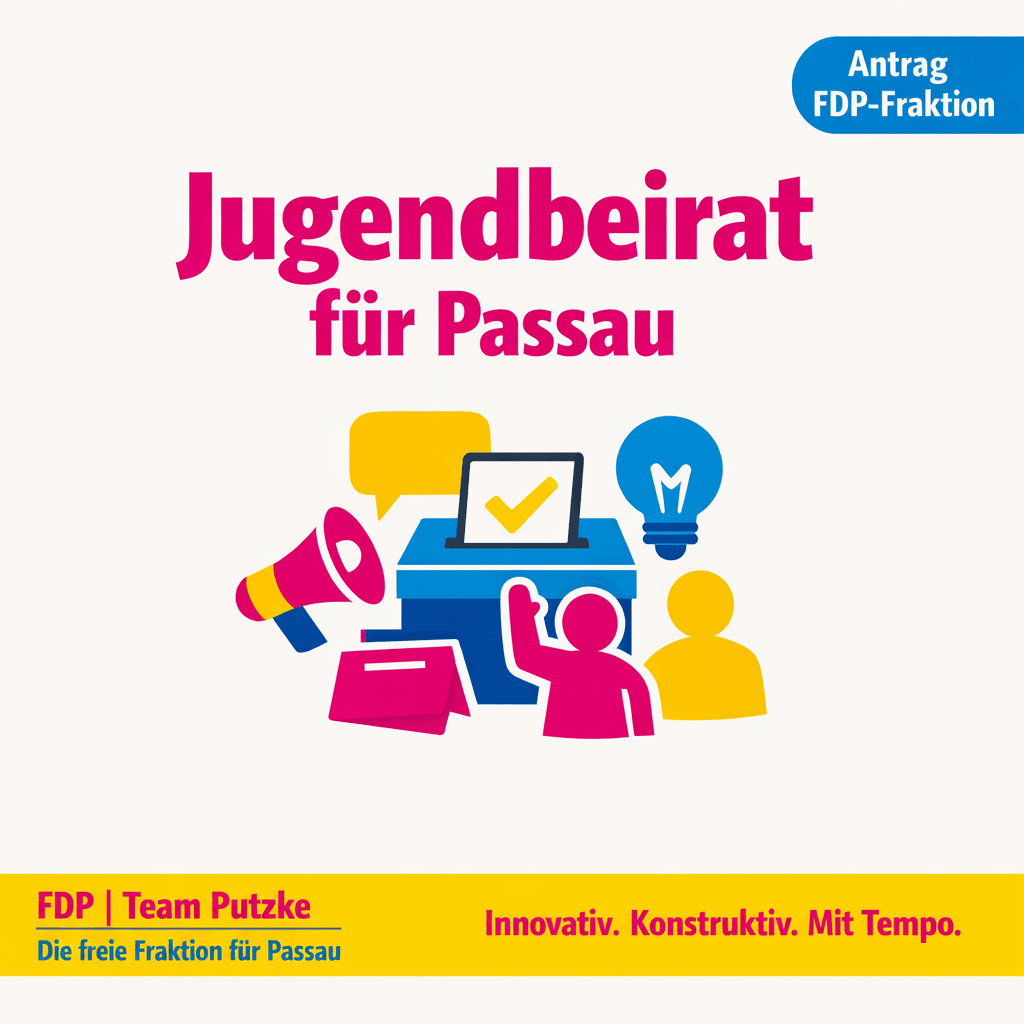 Antrag der FDP-Fraktion Passau für einen Jugendbeirat – mit Icons für Wahl, Megafon und Beteiligung