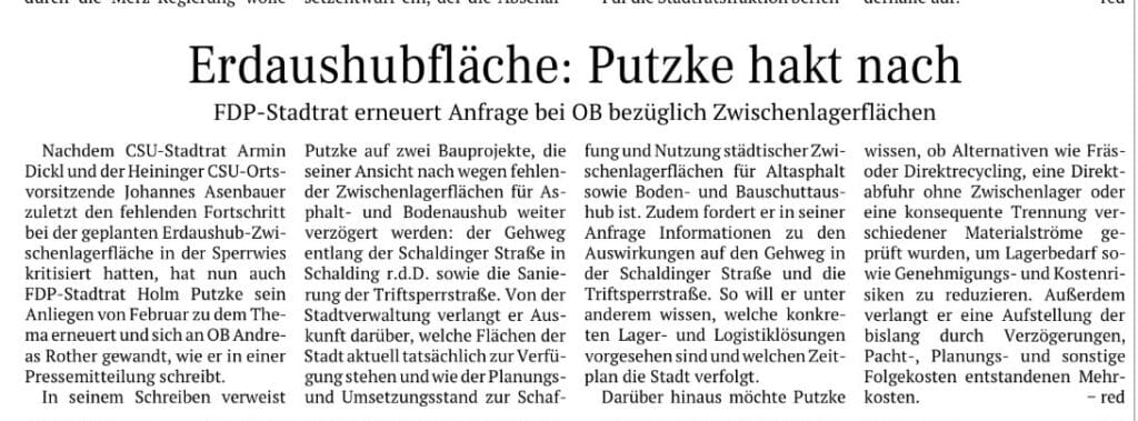 Zeitungsartikel mit Überschrift: Erdaushubfläche: Putzke hakt nach – FDP-Stadtrat erneuert Anfrage bei OB bezüglich Zwischenlagerflächen