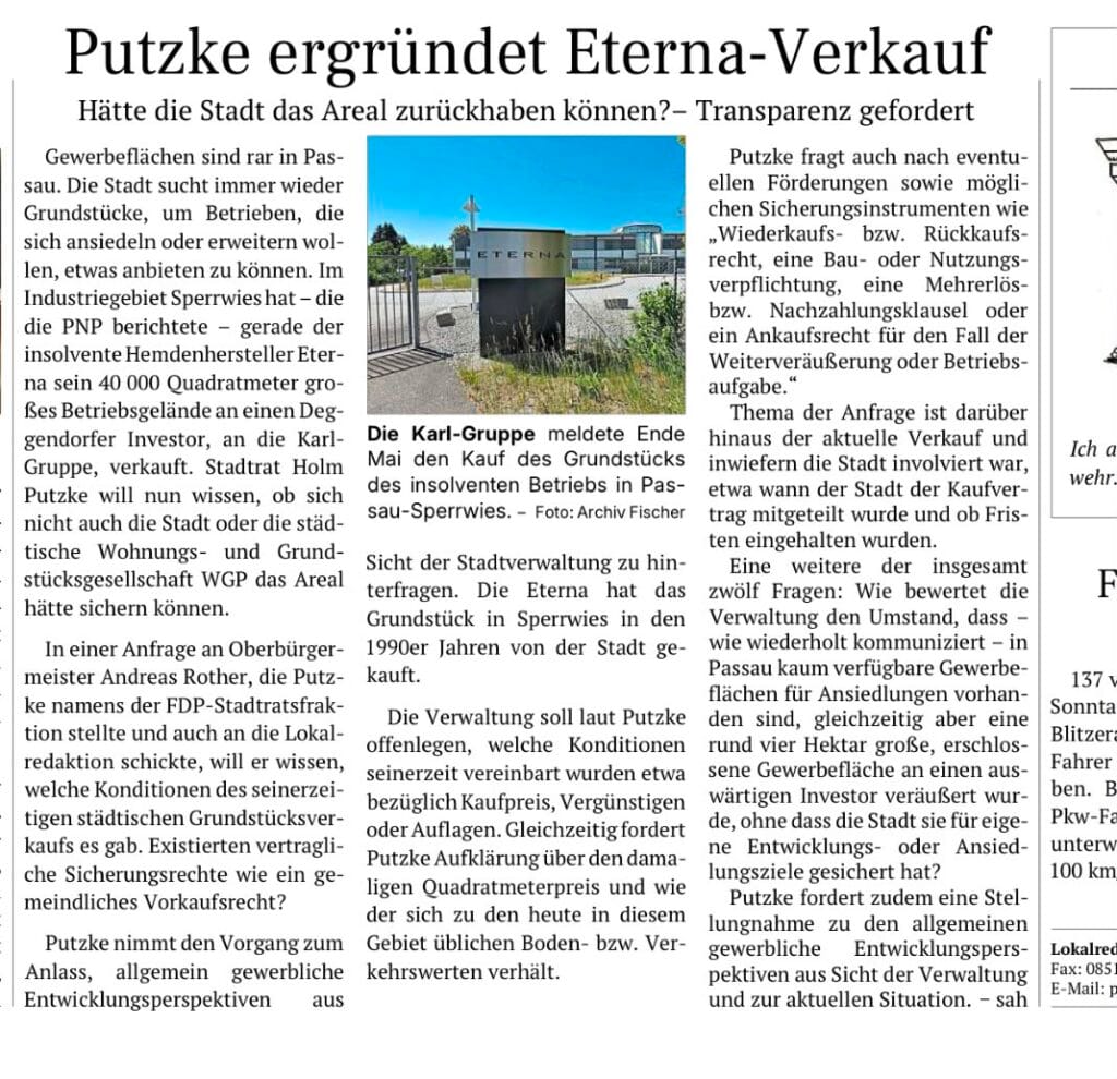 Zeitungsartikel: Putzke ergründet Eterna-Verkauf – Hätte die Stadt das Areal zurückhaben können?