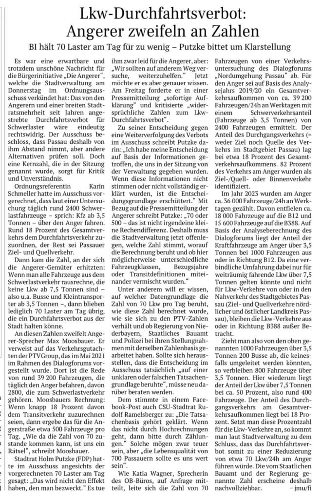 Zeitungsartikel: Lkw-Durchfahrtsverbot – Angerer zweifeln an Zahlen. Bürgerinitiative hält 70 Laster am Tag für zu wenig.