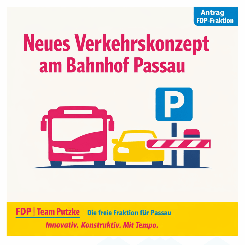 Sharepic der FDP-Fraktion Passau zum Antrag: Temporäre Neuordnung der Verkehrssituation beim Bahnhof während des Schienenersatzverkehrs