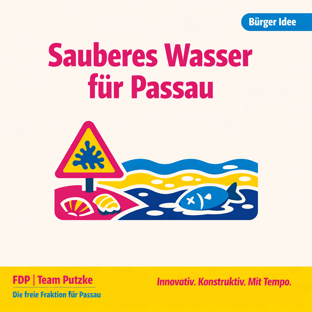 Sharepic der FDP-Fraktion Passau zum Antrag: Blaualgen statt Badevergnügen – wer schützt unsere Flüsse?
