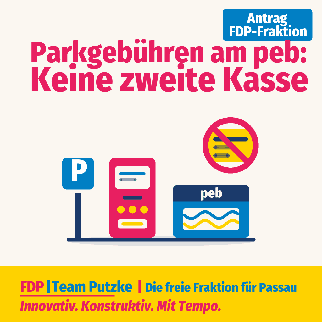 Sharepic der FDP-Fraktion Passau: Parkscheinautomat, Parkplatzschild und das Erlebnisbad peb, daneben eine durchgestrichene zweite Eintrittskasse. Text: Parkgebuehren am peb - Keine zweite Kasse.