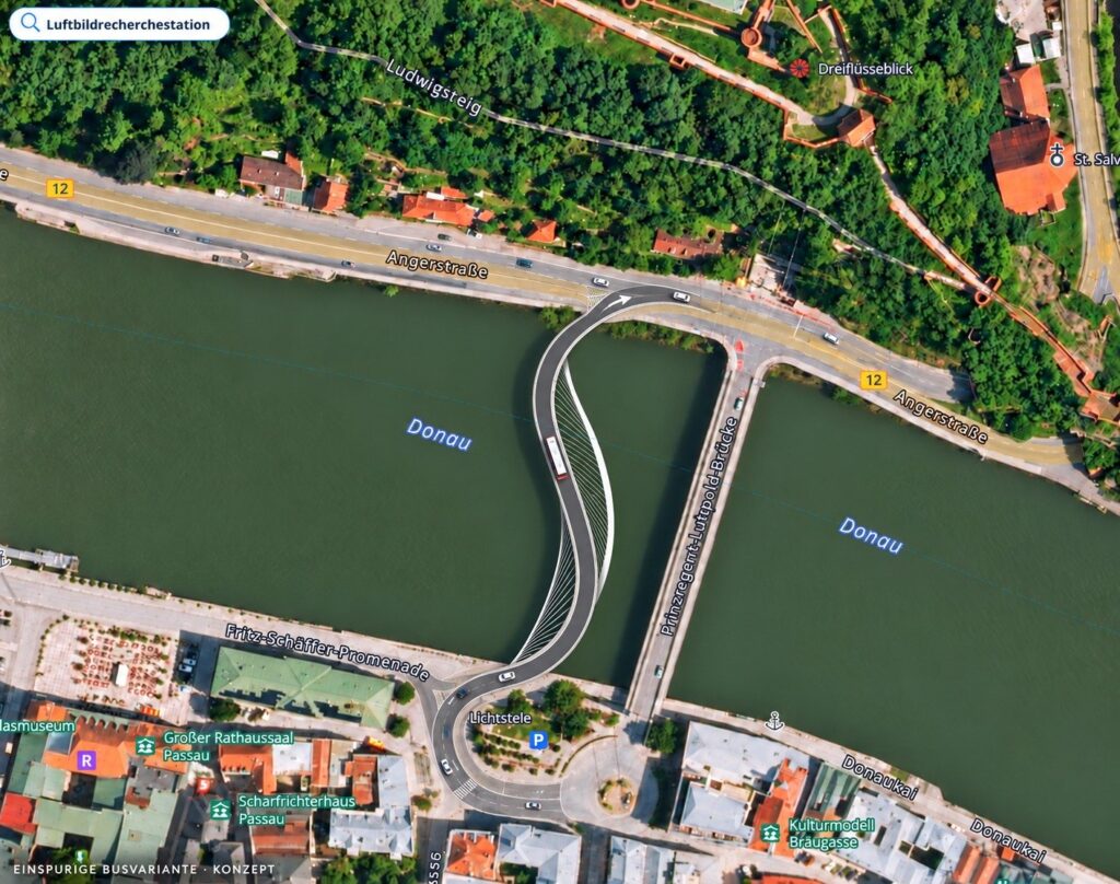 Konzept-Visualisierung der FDP-Fraktion: schlanke Parallelbrücke neben der erhaltenen Hängebrücke (Luitpoldbrücke) in Passau