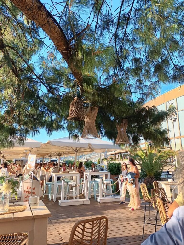 Strandbar mit Sonnenschirmen, Stehtischen und Kiefern am Flussufer in Linz