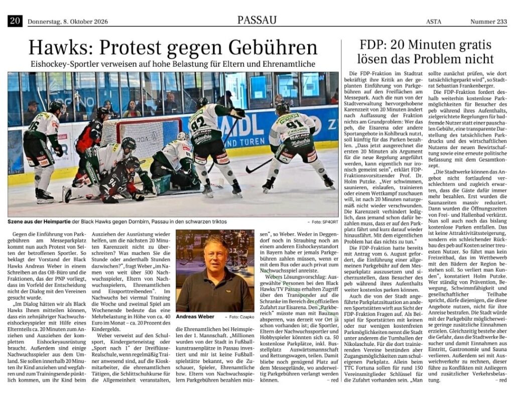 PNP-Artikel: PNP-Seite vom 8. Oktober 2026: Hawks protestieren gegen Gebühren