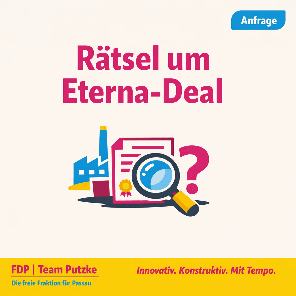 Sharepic der FDP-Fraktion Passau zum Antrag: Eterna-Gelände: Verzicht auf ein Vorkaufsrecht, das es nicht gab. Wer hat entschieden?