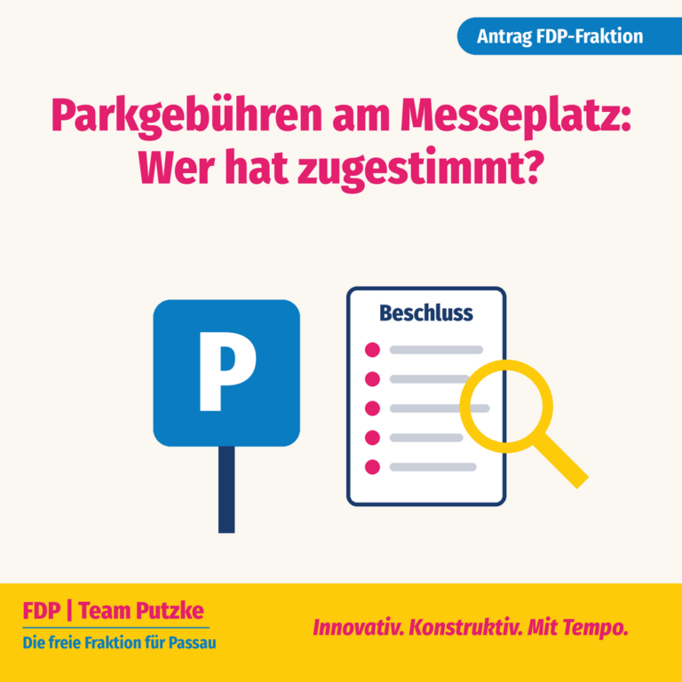 Sharepic der FDP-Fraktion Passau zum Antrag: Beschluss zu den Parkgebühren am Messeplatz öffentlich machen: Wer hat zugestimmt?