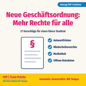 Sharepic: Neue Geschäftsordnung, mehr Rechte für alle. 21 Vorschläge der FDP-Fraktion für einen fairen Stadtrat